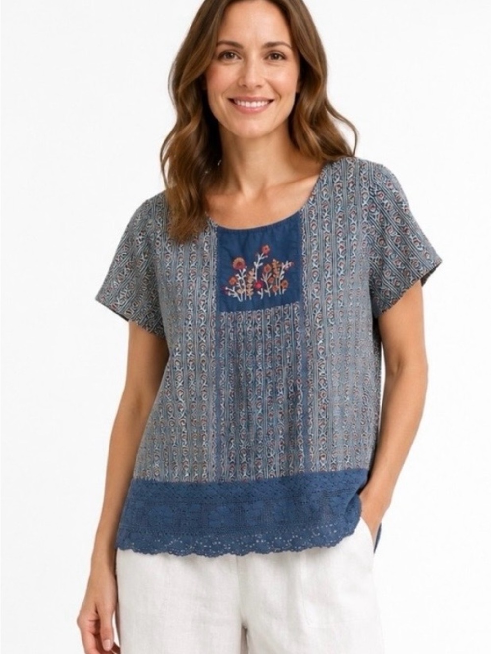 April Cornell Batik Embroidered Crochet Lace Top Size Large Boho Cotton Prairie